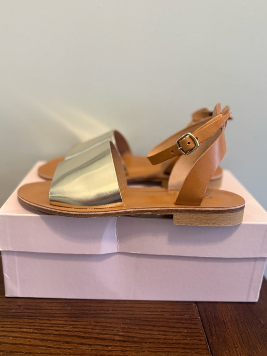 Slaye Shoes - Slaye Sandals with Metallic Gold Strap and Tan Leather
